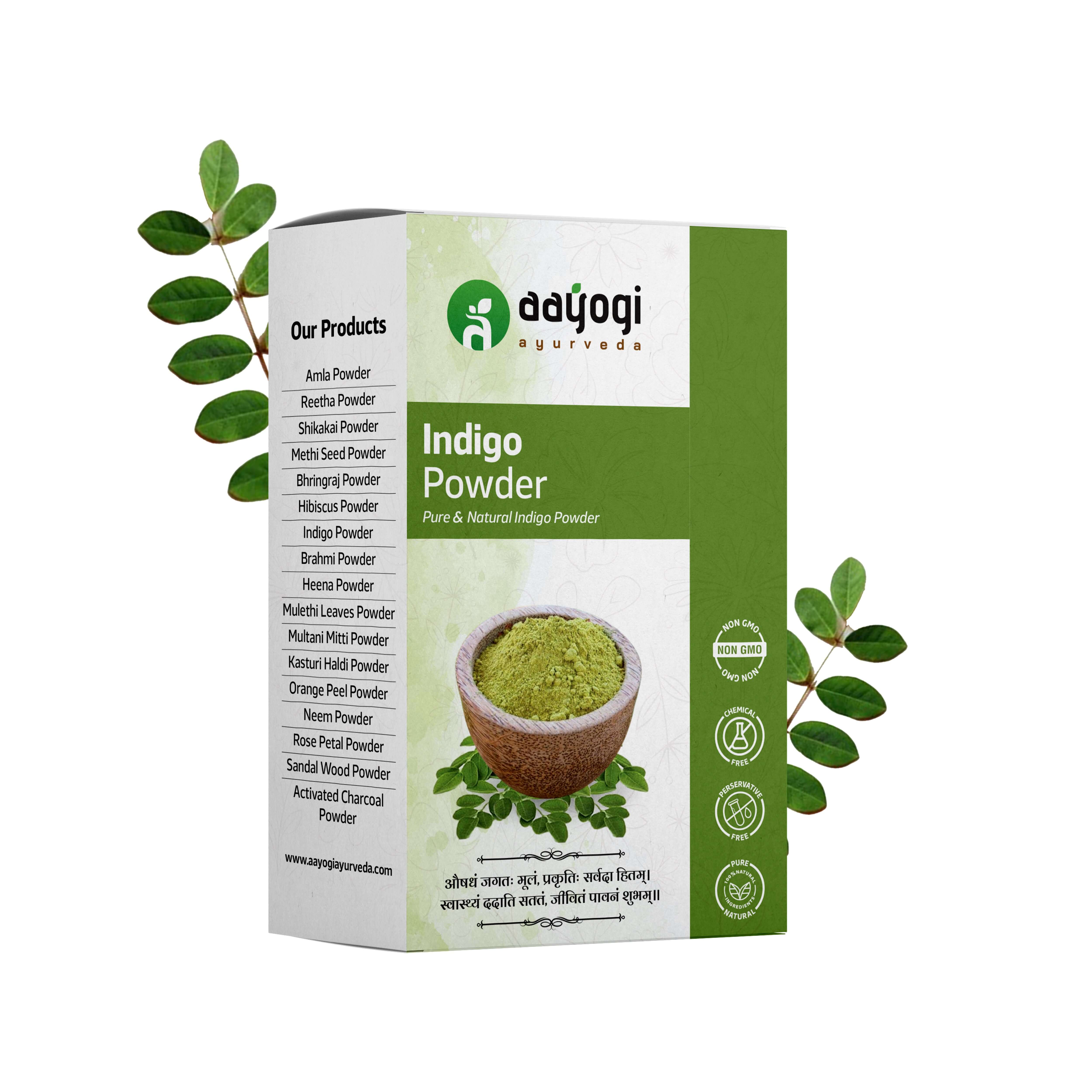 Aayogi Ayurveda Indigo Leaves Powder box with lush green leaves, chemical-free natural hair dye for black hair, nourishes and conditions.